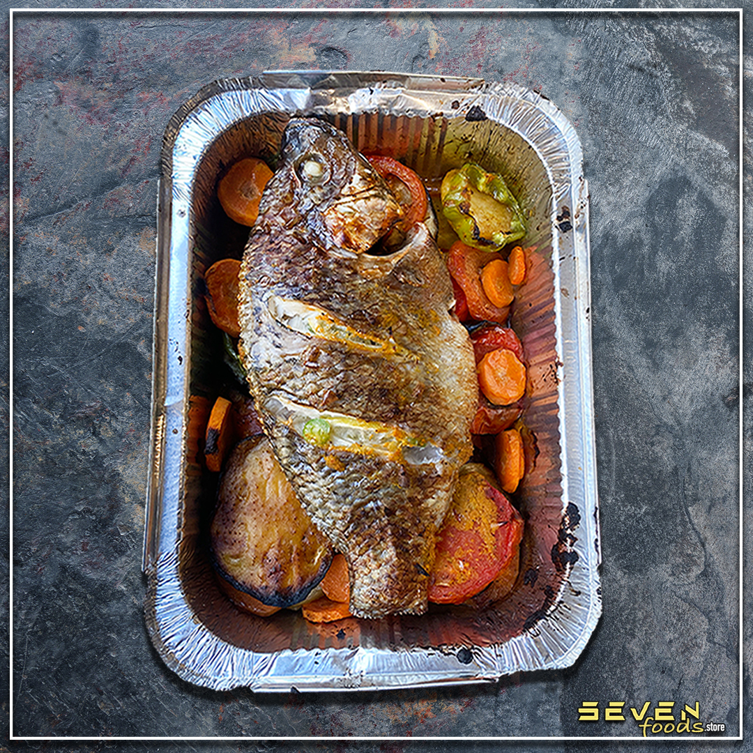 Tilapia fish tray meal with potatoes and eggplant with red rice سيفن